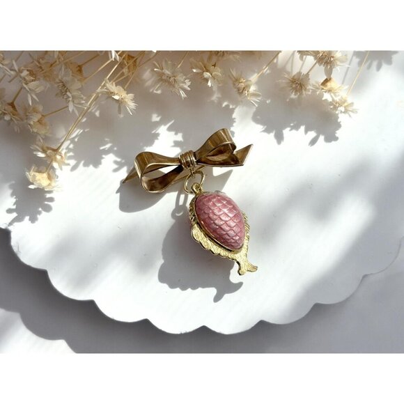 12k Gold Filled Black & Orange Scaled Fish Charm Vintage Ribbon Bow Brooch - Picture 5 of 8